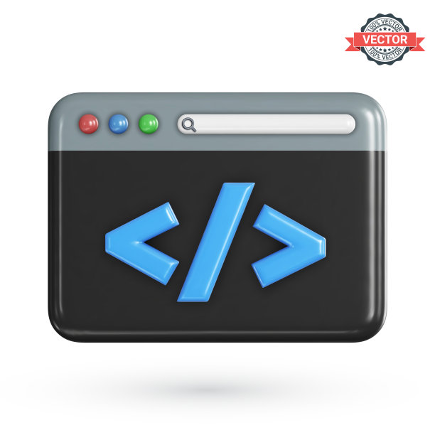程序代码开发图标。网页编码或网站编程概念。Web浏览器窗口或IDE应用程序，黑色主题与白色背景隔离。逼真的三维矢量插图图片下载