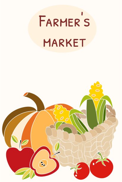 农贸市场海报。南瓜、西红柿、苹果和一篮子玉米。来自当地农贸市场的新鲜有机农产品。图片下载