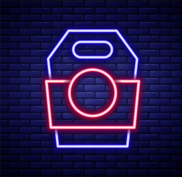 发光的霓虹线亚洲面条在纸盒图标孤立的砖墙背景。街头快餐。韩国菜、日本菜、中国菜。色彩缤纷的轮廓概念。向量图片下载