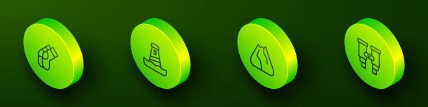 设置等距线袜子，灯塔，山脉和双筒望远镜图标。向量图片下载