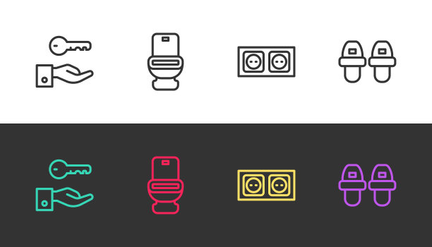 酒店门锁钥匙、马桶、插座、拖鞋黑白两色。向量图片下载