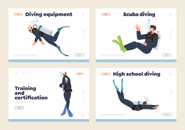 一套提供专业潜水课程的登陆页面，包括培训、认证和设备图片下载