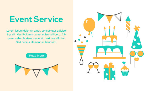 事件服务平行网页与文本空间和按钮。生日聚会嘉年华节日庆典横幅或背景与色彩抽象元素蛋糕礼物气球松饼矢量插图图片下载