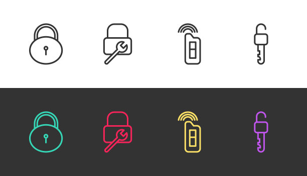设置线锁，维修，车钥匙遥控和解锁黑白。向量图片下载