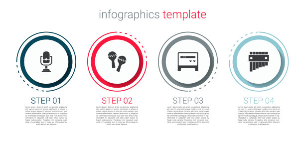 设置麦克风，沙球，吉他放大器和排箫。业务信息图表模板。向量图片下载