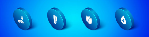 设置等距植物在手，盾牌与叶子，水能源和LED灯泡图标。向量图片下载