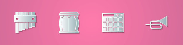 集剪纸排箫，鼓，机器和小号图标。纸艺风格。向量图片下载