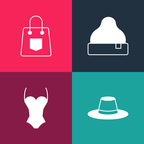 集波普艺术男子帽子，泳衣，豆帽和手袋的图标。向量图片下载