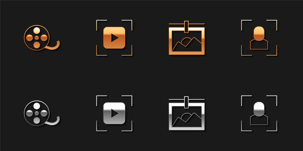 设置胶片卷轴，相机对焦框线，照片和图标。向量图片下载