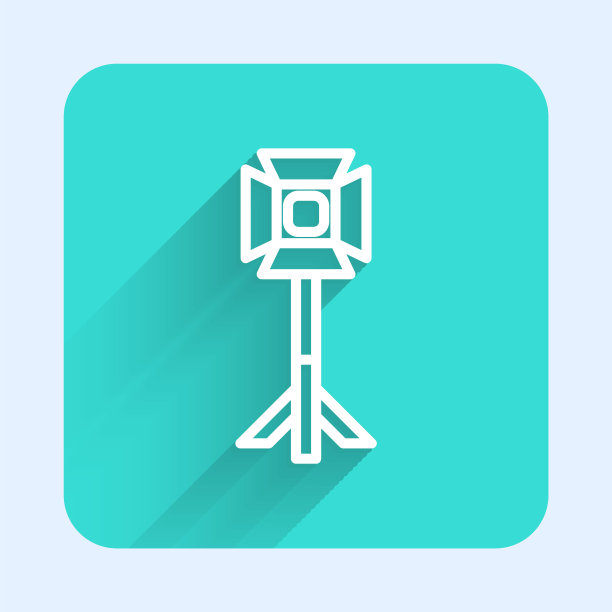 白线工作室灯泡在软箱图标孤立与长阴影背景。阴影反射设计。绿色方形按钮。向量图片下载