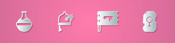 集剪纸瓶子与药水，海盗在角头盔，旗帜和魔法符文图标。纸艺风格。向量图片下载