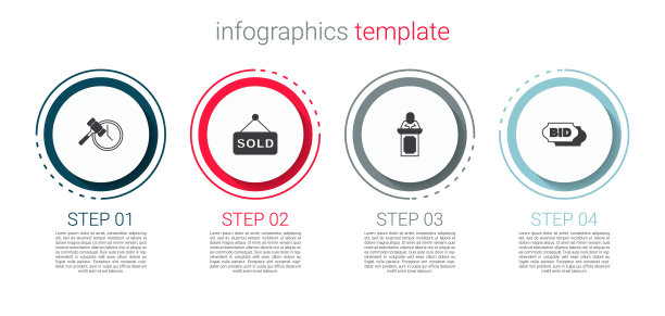 设置拍卖锤，出售，拍卖师出售和出价。业务信息图表模板。向量图片下载