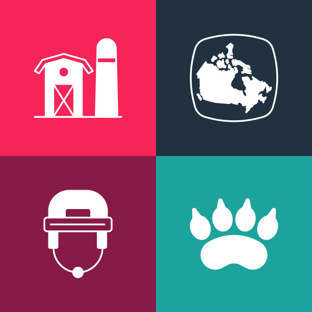 集流行艺术熊掌足迹，曲棍球头盔，加拿大地图和农场的房子图标。向量图片下载