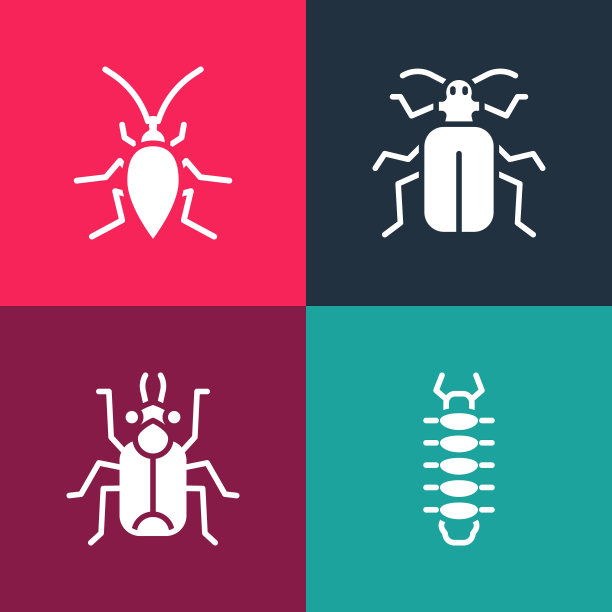 设置流行艺术蜈蚣，甲虫虫，金龟子甲虫和蟑螂图标。向量图片下载