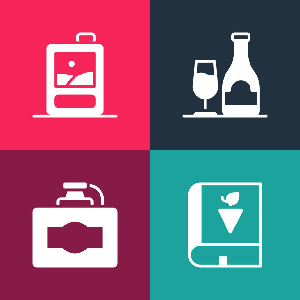 集波普艺术书关于葡萄，葡萄酒纸箱，葡萄酒酒瓶与玻璃和图标。向量图片下载