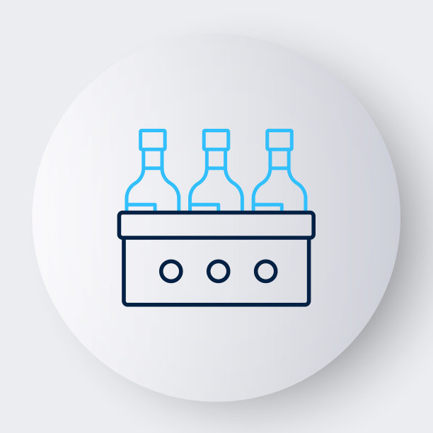 线瓶葡萄酒在一个木箱图标孤立在白色背景。木箱里的酒瓶图标。色彩缤纷的轮廓概念。向量图片下载