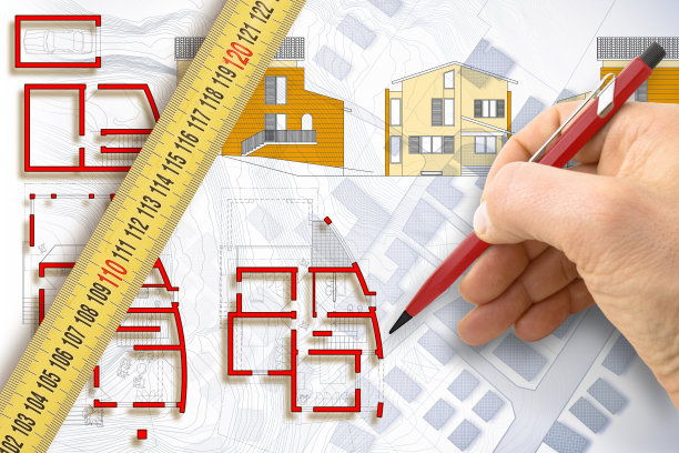 住宅楼的测量和测量。用尺子对新住宅楼的想象平面图和立面项目的概念图片下载