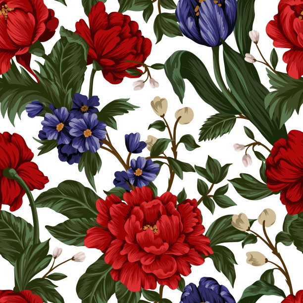 无缝图案与红色牡丹和小花。向量。图片下载