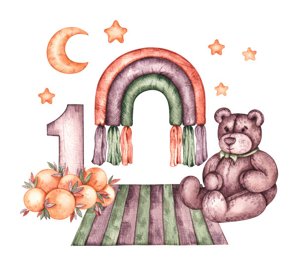 在波西米亚风格的水彩插图与泰迪熊为一个婴儿出生一周年的白色图片下载