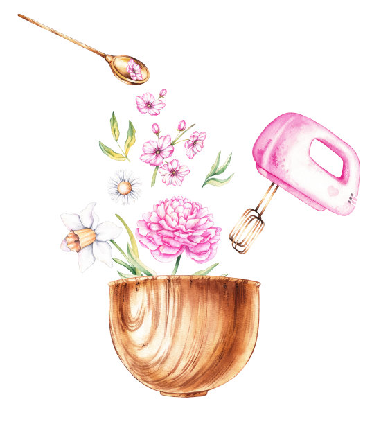 水彩画构图烘烤工具搅拌机杯和花在白色的背景图片下载