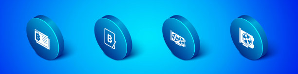 设置等距比特币在浏览器，视频图形卡和挖掘比特币从平板电脑图标。向量图片下载