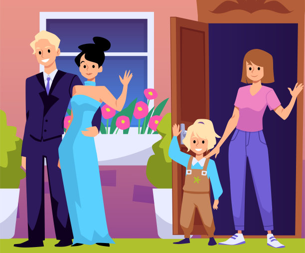 父母把孩子交给保姆或保姆照顾，矢量插图。图片下载