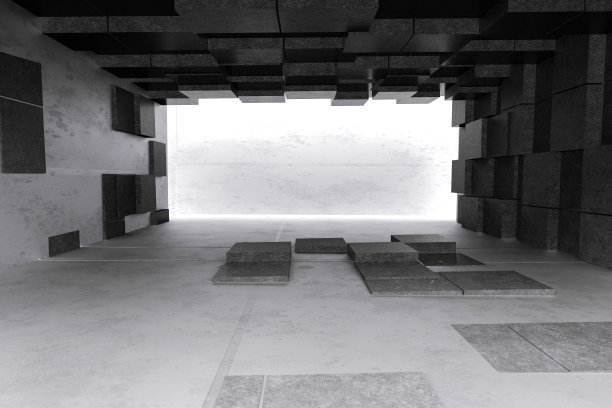 空荡荡的混凝土房间，后侧墙有间接照明，随机选择立方体元素和粗糙的地板。图片下载