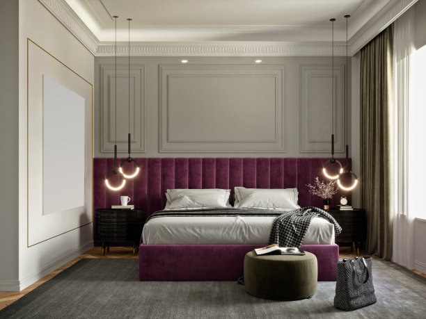 豪华酒店卧室的3D渲染图片下载