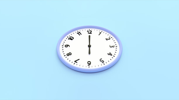 在蓝色工作室背景隔离的墙上时钟的3d渲染。图片下载