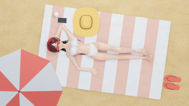 3 d渲染。美女在海滩上晒日光浴。图片下载
