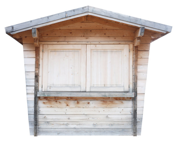 木棚，摊位，市场摊位或木屋孤立在白色背景。卖股票用木头做成的东西图片下载