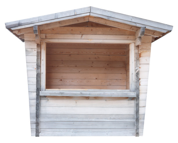 木棚，摊位，市场摊位或木屋孤立在白色背景。卖股票用木头做成的东西图片下载