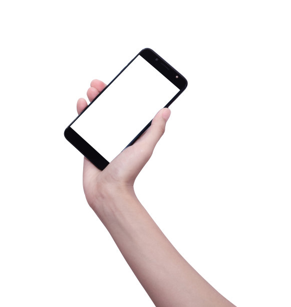 手与智能手机在白色背景隔离，用手指触摸屏幕，用手握住。图片下载