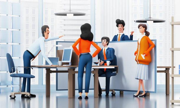 一群商务人士在一张桌子旁就一个项目合作，交谈和分享想法。3D渲染图图片下载