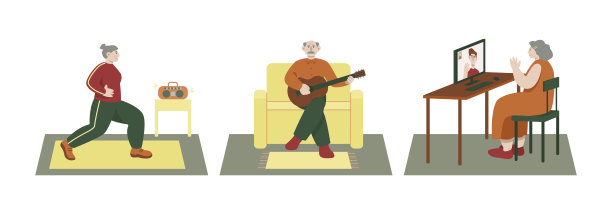 老年人锻炼身体、弹吉他、与亲人聊天等网上插画集图片下载