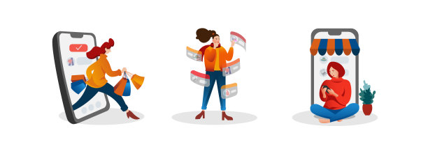 插图集的妇女网上购物通过移动应用程序图片下载