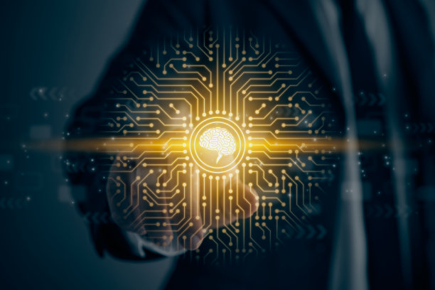 商人触摸屏和AI人工智能大脑技术概念图标在复古色调图片下载