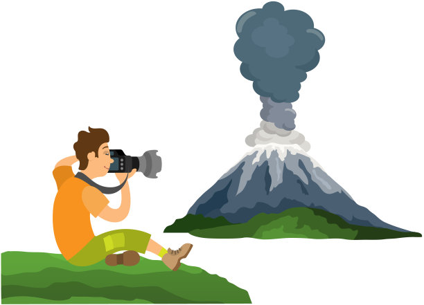 一名男子拿着相机拍摄火山景观。一个旅行者在看休眠火山图片下载