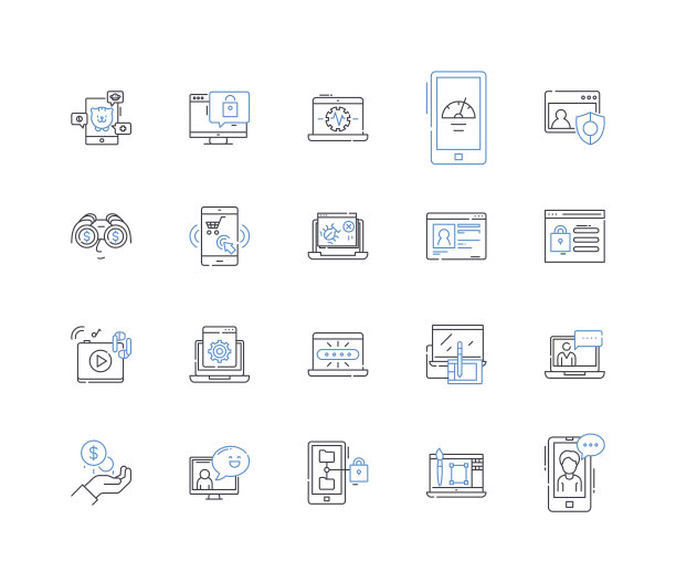 网上商店行图标集合。电子商务，购物，数字，在线，零售，商品，市场矢量和线性插图。目录，库存，零售商大纲标志设置图片下载