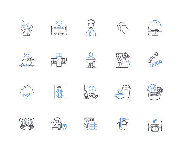美味的吃线图标集合。美味的，有味道的，美味的，美味的，咸味的，美味的，令人垂涎的矢量和线性插图。开胃，唇彩，精美的轮廓标志设置图片下载