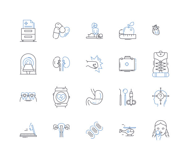 健身养生线图标集合。健身，锻炼，力量，耐力，有氧运动，灵活性，阻力矢量和线性插图。肌肉，汗水，强度轮廓标志设置图片下载