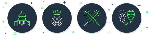 设置线勋章与星星，烟花，白宫和气球图标。向量图片下载