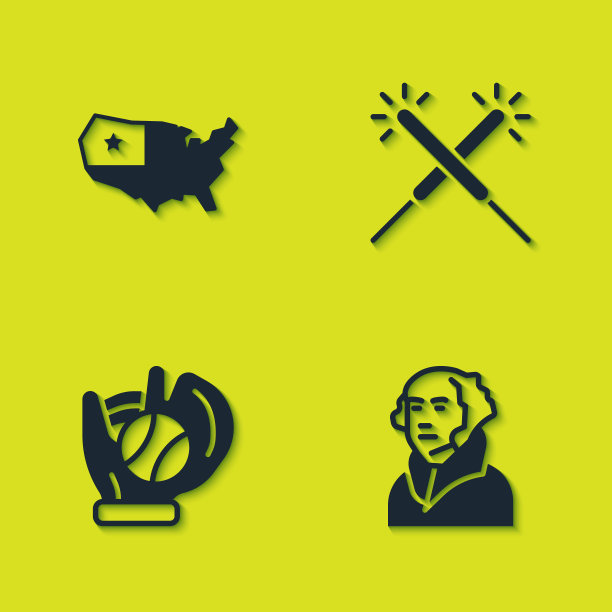 集美国地图，乔治华盛顿，棒球手套与球和烟火图标。向量图片下载