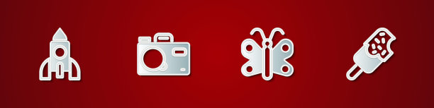 集火箭船玩具，照相机，蝴蝶和冰淇淋图标。向量图片下载