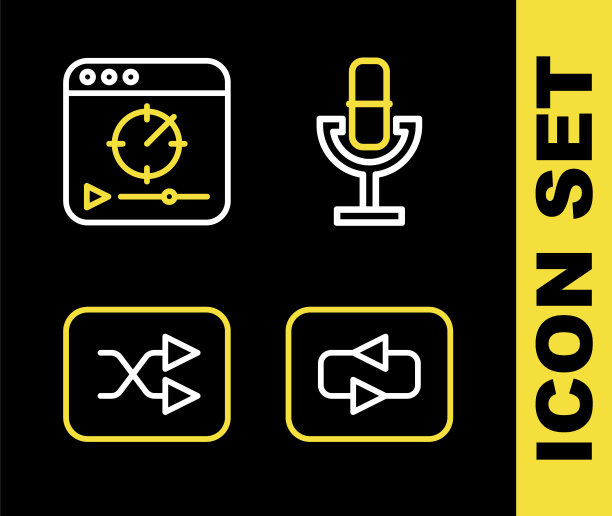 设置线路麦克风，重复按钮，箭头洗牌和在线播放视频图标。向量图片下载
