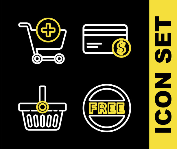 设置线信用卡和美元，价格标签与免费，购物篮和添加到购物车图标。向量图片下载