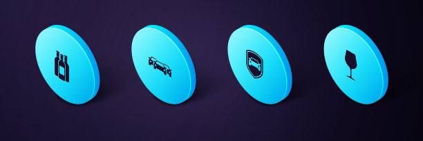 集等距酒杯，汽车保护或保险，汽车和葡萄酒的瓶子图标。向量图片下载