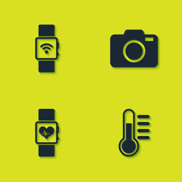 设置智能手表与无线，温度计，心率和照片相机图标。向量图片下载