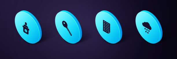 设置等距云与雨，文件，钥匙和信息台图标。向量图片下载