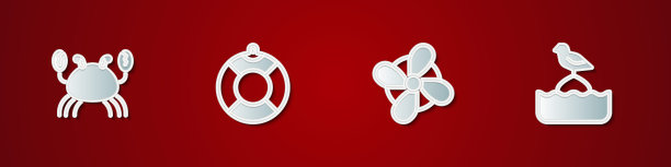 集螃蟹，救生圈，船螺旋桨和海鸥坐在图标上。向量图片下载